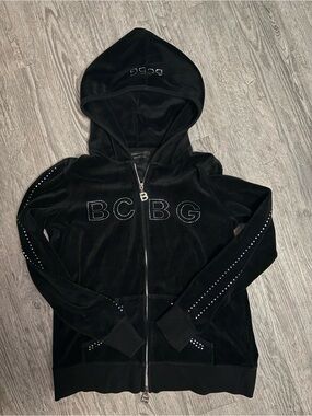 BCBG Black Velour Zip-Up Hoodie with Rhinestone Logo